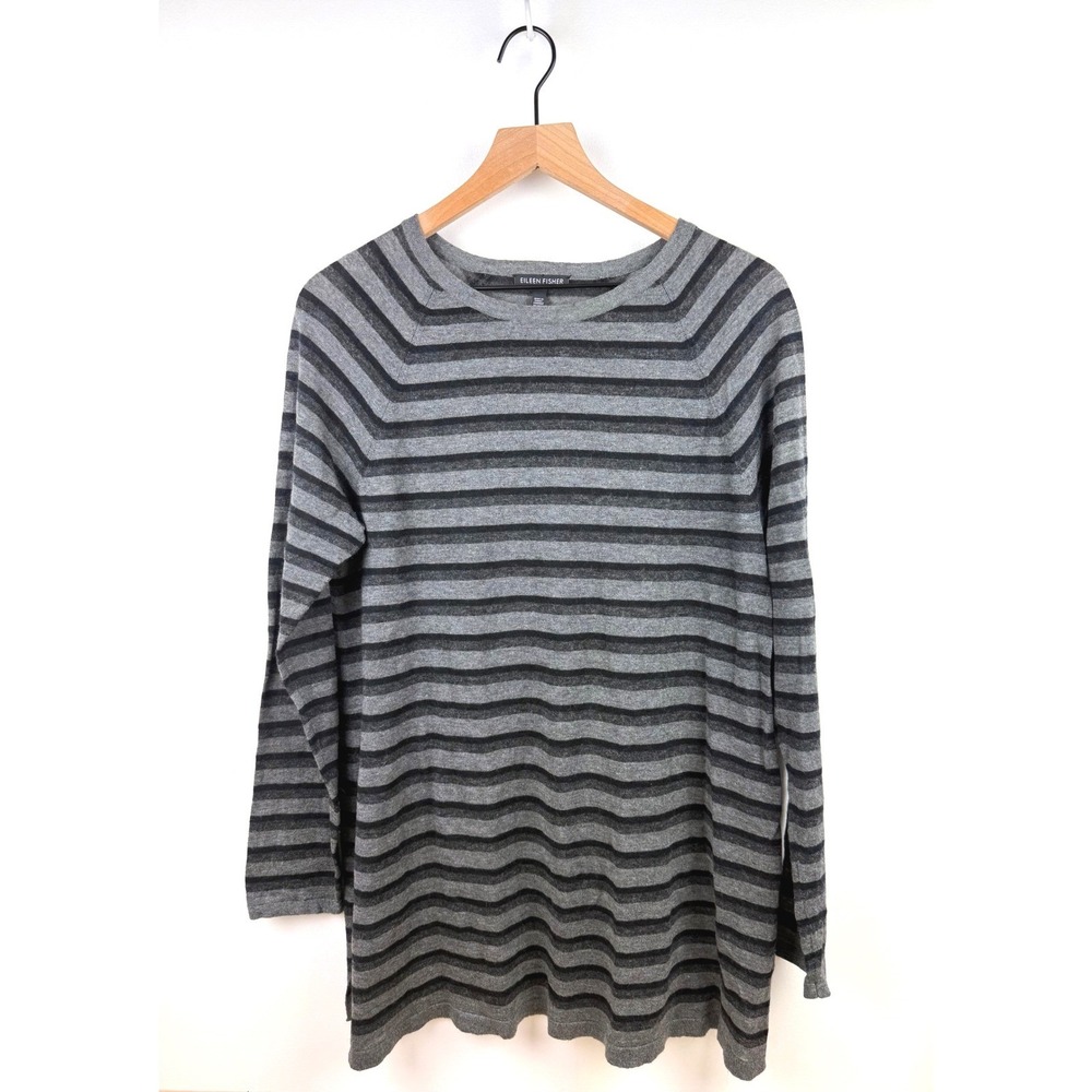 Eileen Fisher Gray Striped Merino Wool Alpaca Blend Long Sleeve Sweater M